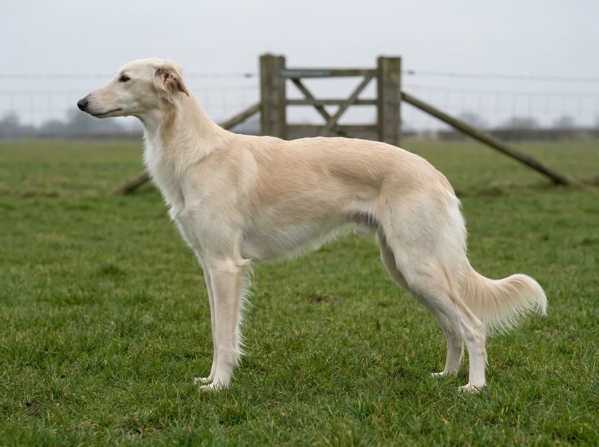 Cream Silken Windhound in side profile, showing a deep chest, tucked abdomen and feathered tail