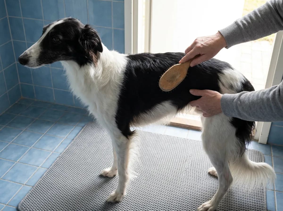 A caregiver gently brushing a black-and-white Silken Windhound on a nonslip mat