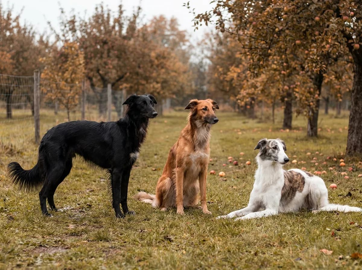 Black, red-sable and white-with-brindle-patches Silken Windhounds together in an orchard