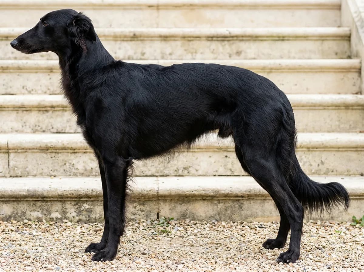 A black Silken Windhound in side profile beside pale stone steps