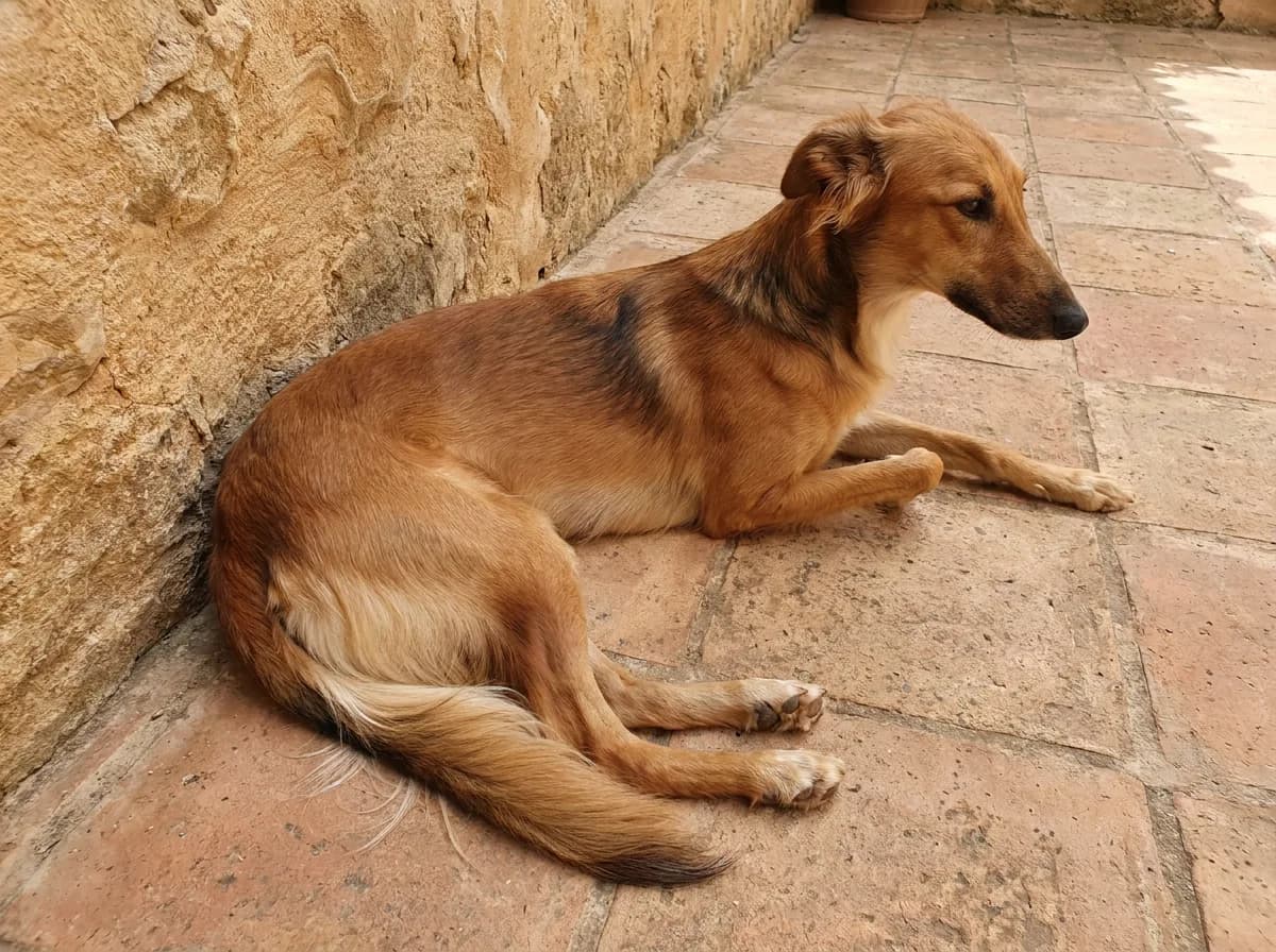 A red-sable Silken Windhound with darker shading along its neck and back resting on paving