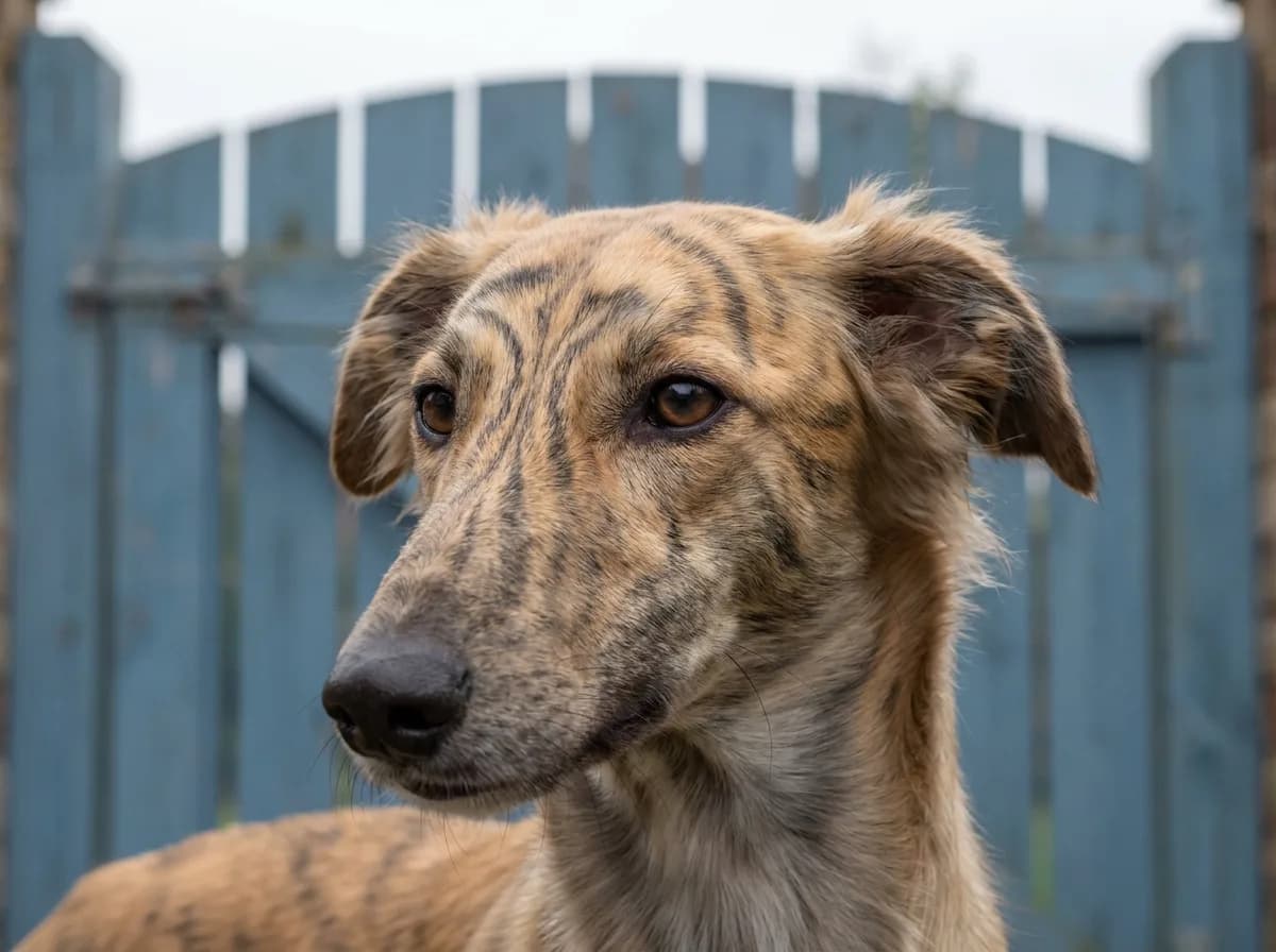 Close view of dark brindle stripes on a fawn Silken Windhound’s face