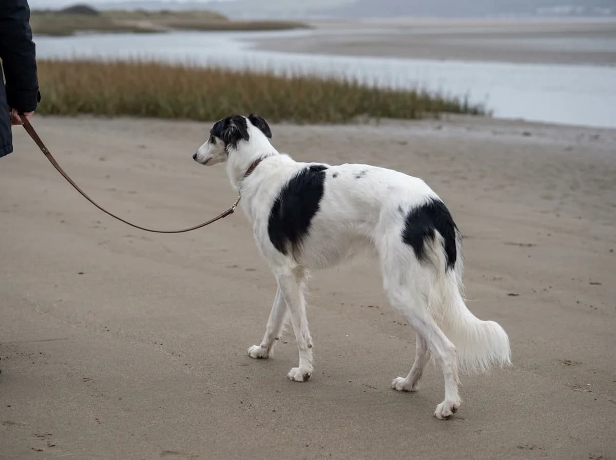 A mostly white Silken Windhound with black patches walking on a leash beside an estuary