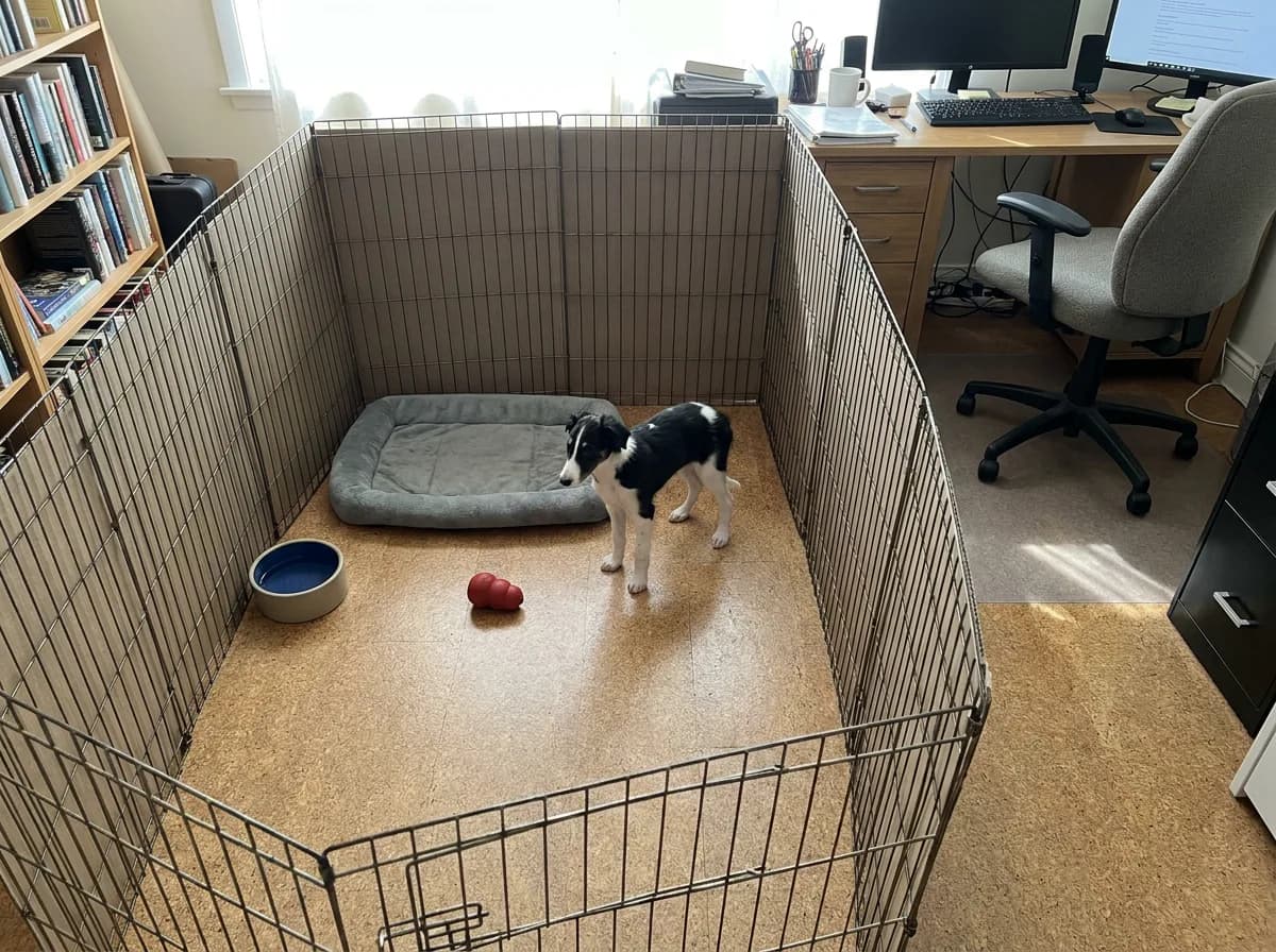 A black-and-white Silken Windhound puppy inside a home pen with a bed, water bowl and toy