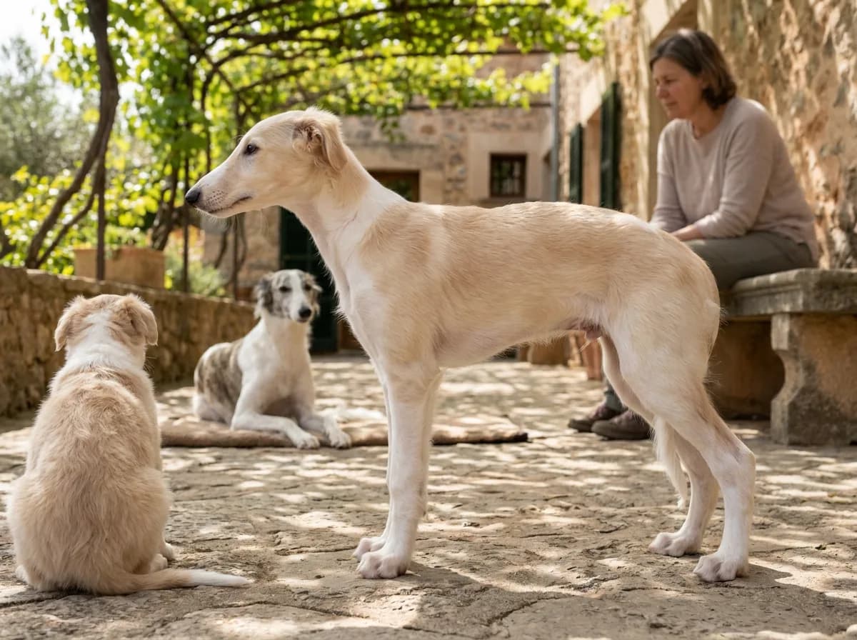 A cream young Silken Windhound standing near two other dogs and a supervising caregiver in a courtyard