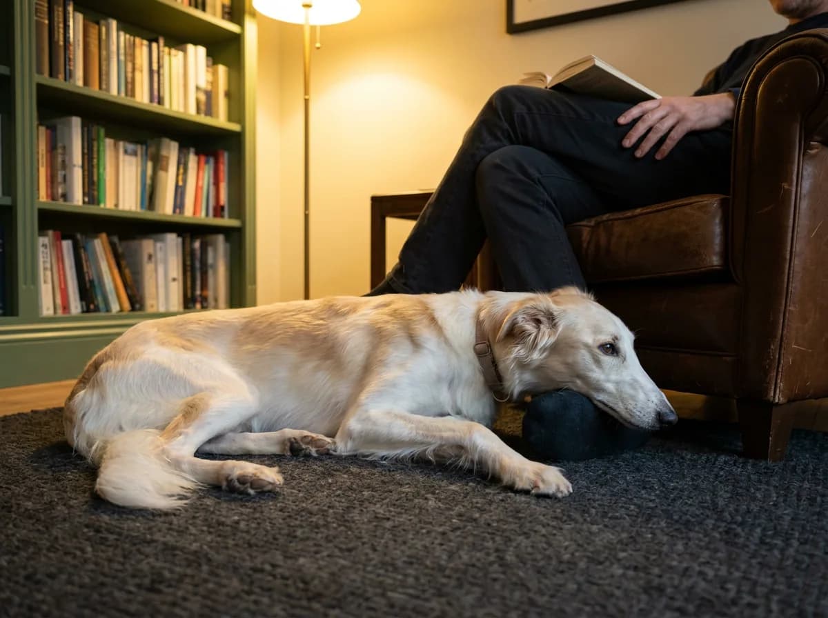 A cream-and-white Silken Windhound resting beside a seated person reading a book