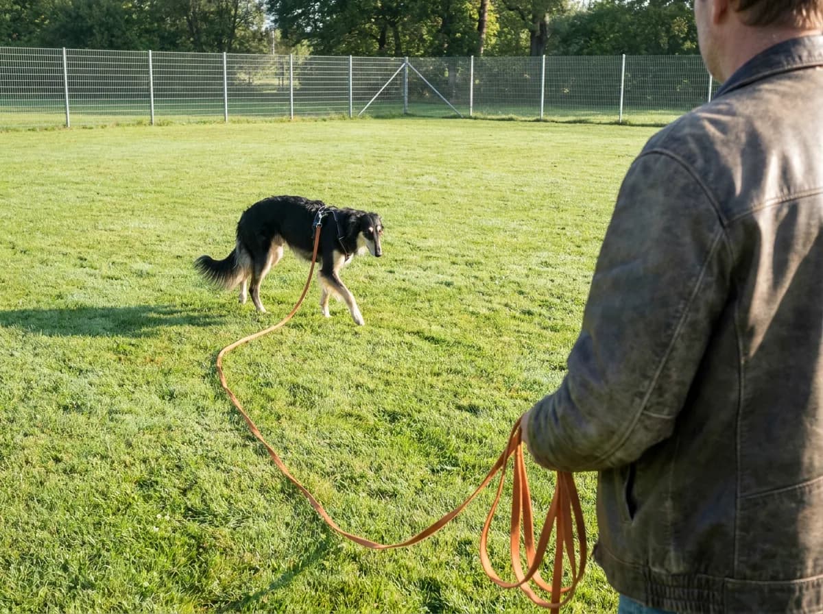 A handler supervising a black-and-tan Silken Windhound on a long line in a fenced field