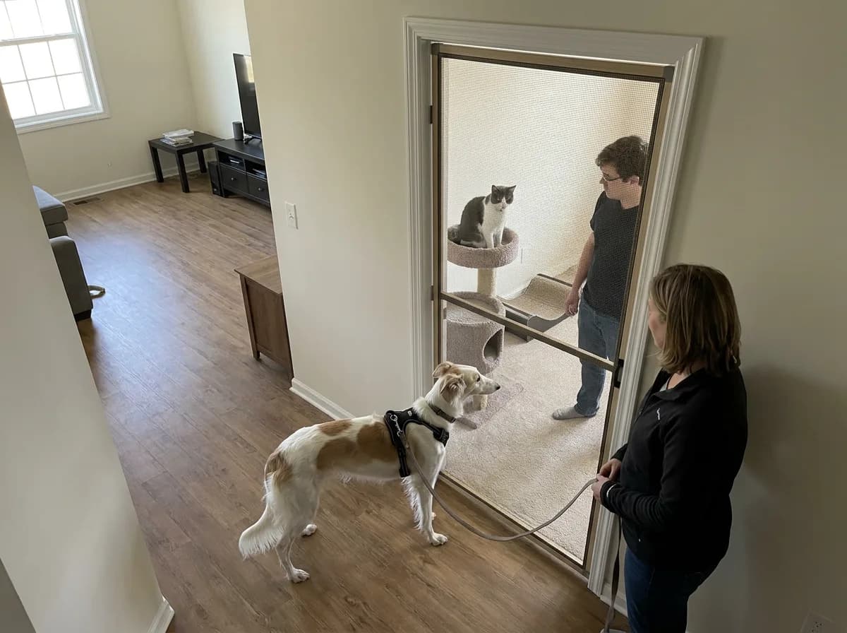 A leashed Silken Windhound and a cat kept on opposite sides of a full doorway mesh barrier with adults supervising