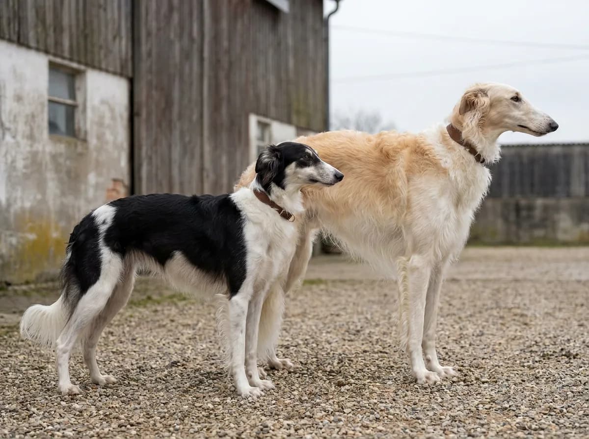 A black-and-white Silken Windhound and a larger pale Borzoi standing together in side profile