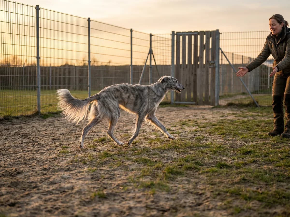 A brindle Silken Windhound approaching a caregiver in a fenced exercise paddock