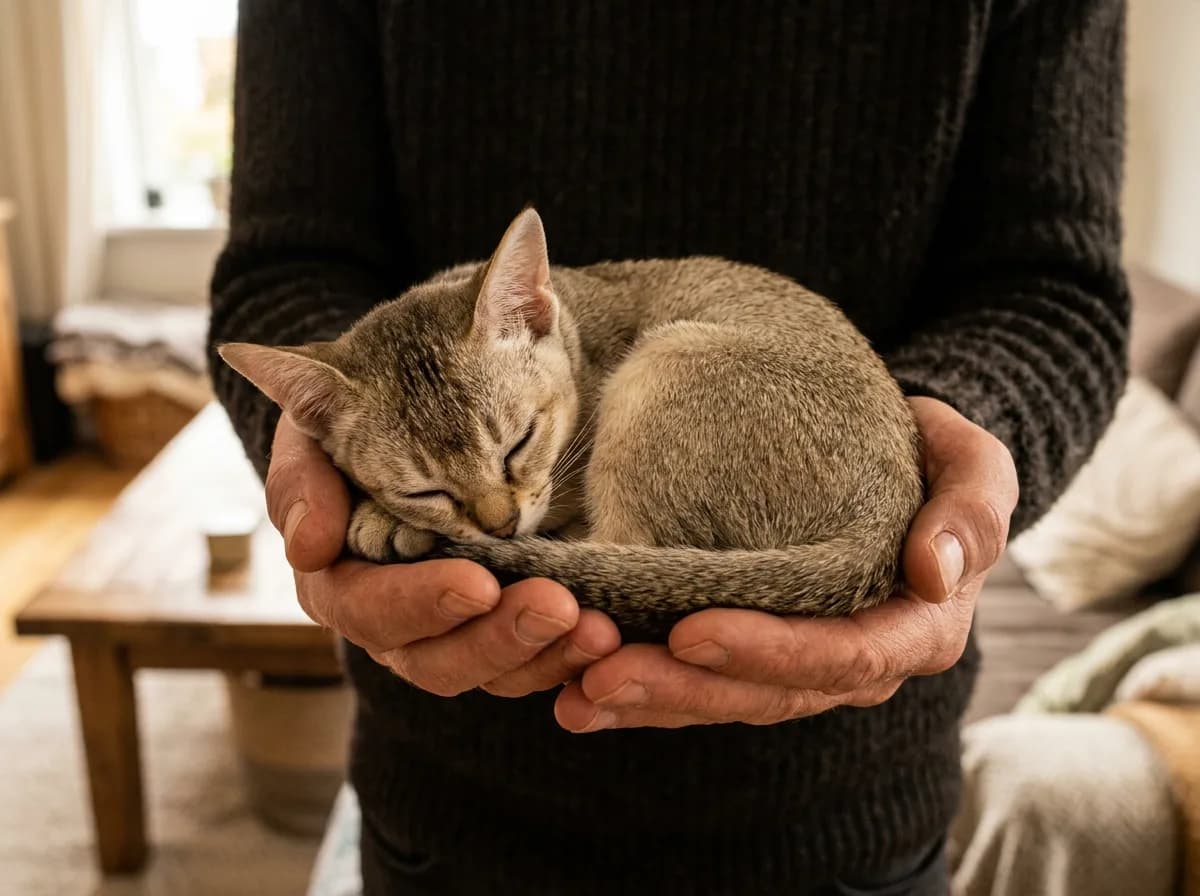 A tiny Singapura cat curled in the cupped palms of a person shown only from the torso down to emphasize the breed small size.