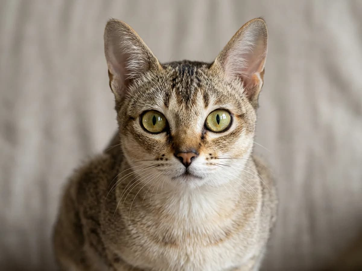 A Singapura cat looking directly at the camera with its large eyes against a softly lit neutral background.