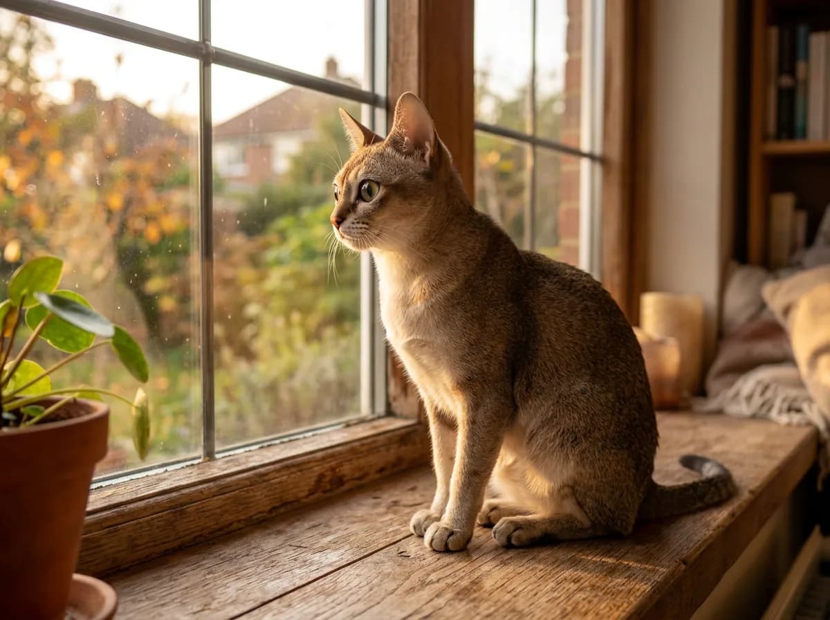 A Singapura cat sitting on a windowsill in warm afternoon light with its ticked coat glowing golden.