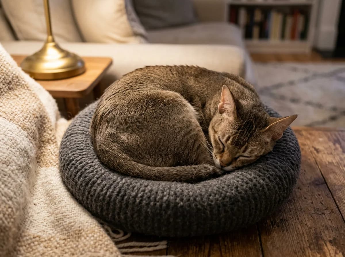 A Singapura cat curled asleep in a small cozy cat bed showing how compact the breed is at rest.