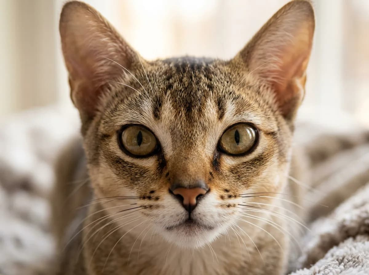 A close-up of a Singapura cat face showing the large almond-shaped hazel eyes, big cupped ears, and dark cosmetic eye lining.