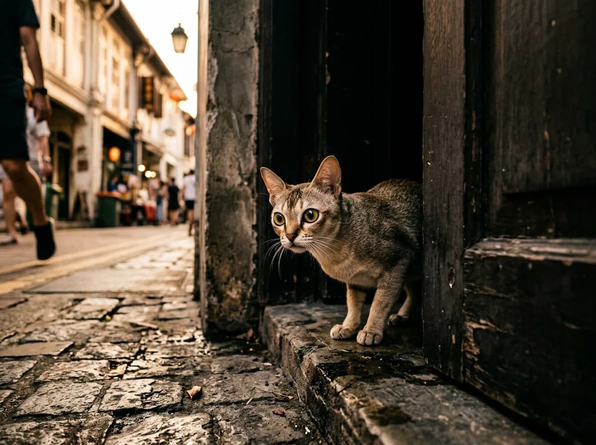 A small sepia ticked Singapura cat peering out from a shadowed doorway evoking its street-cat origin legend.