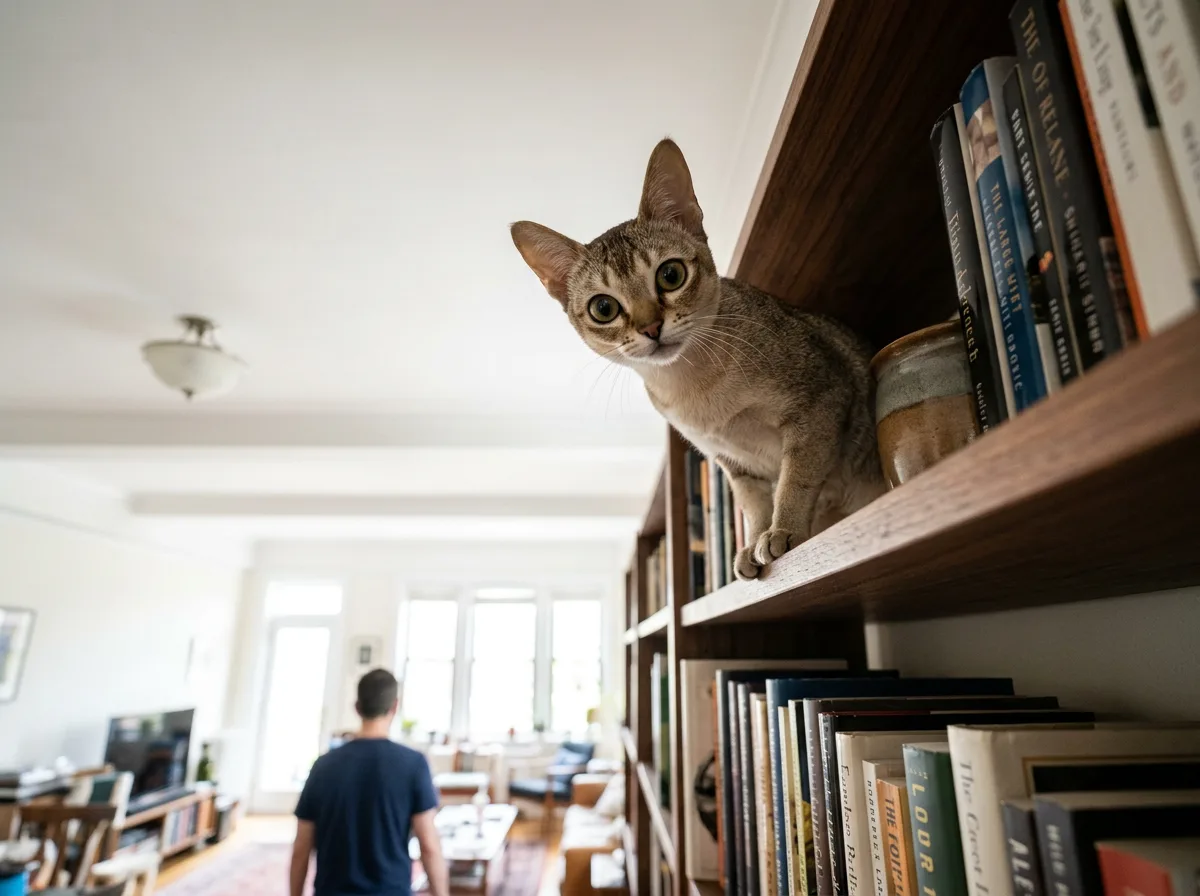 A curious Singapura cat perched on a high bookshelf looking down alertly at the room.