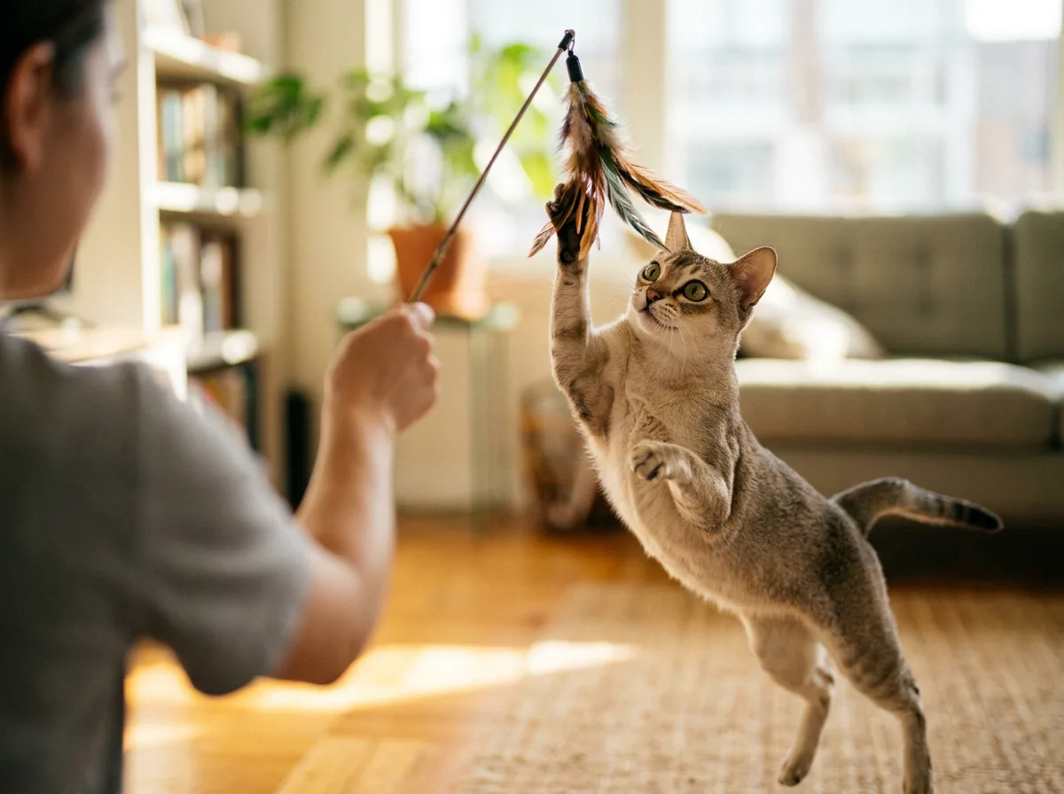 A Singapura cat mid-play batting at a feather wand toy in a bright living room.