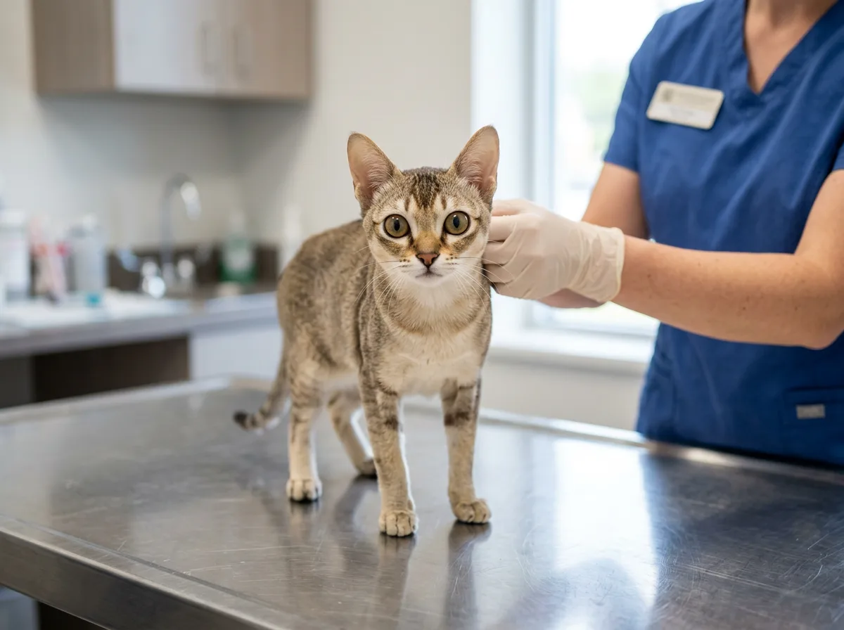A Singapura cat being gently examined on a veterinary table with a vet shown only from the torso down.