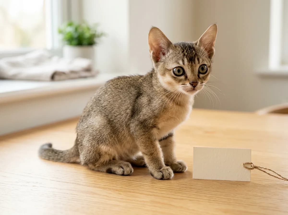 A Singapura kitten sitting beside a small price-tag style prop on a clean tabletop.