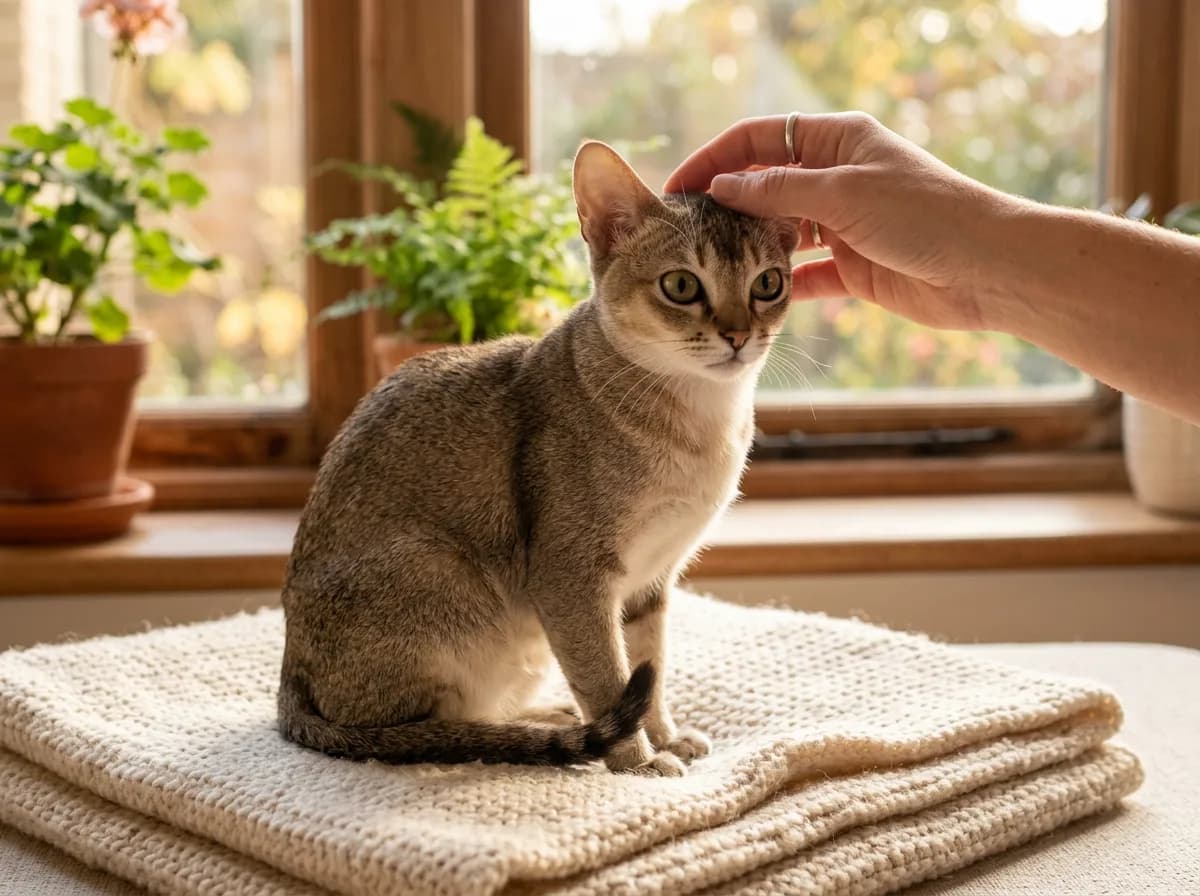 A Singapura cat sitting on a soft blanket near a sunlit window while a person reaches in cropped at the wrist.