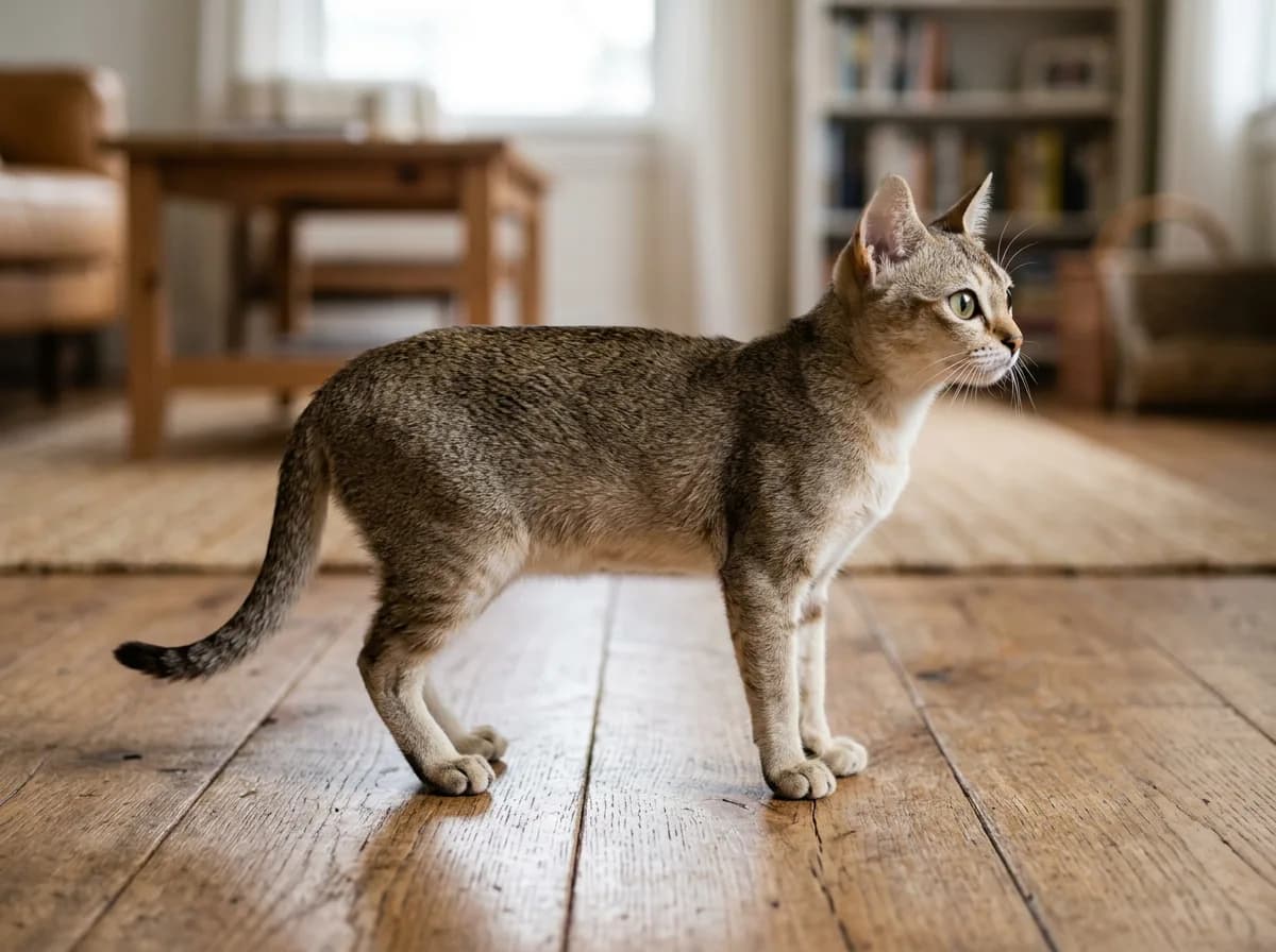 A Singapura cat standing in profile on a wood floor showing its full small stocky body and ticked coat.