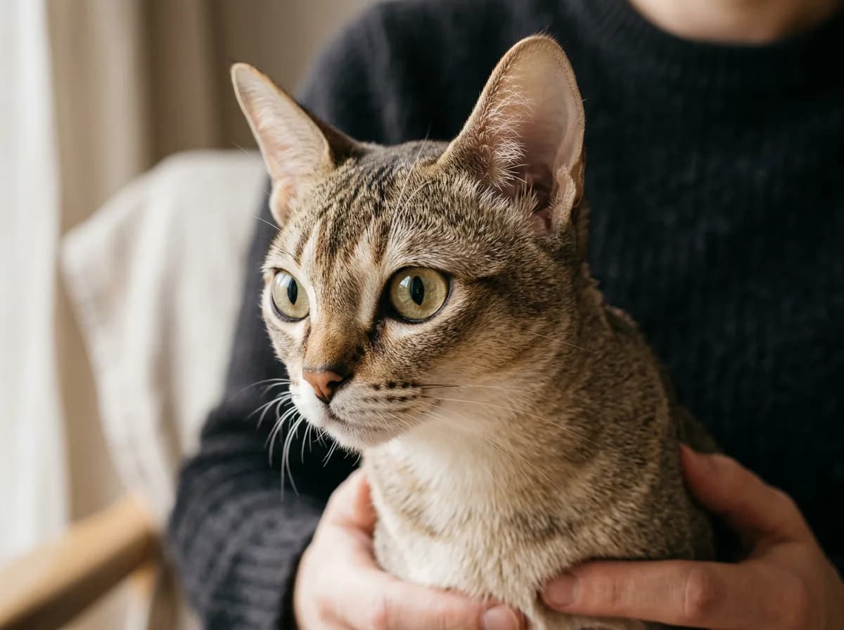 Close-up of a Singapura cat showing the sepia-agouti ticked coat and large almond-shaped hazel eyes that determine show quality.