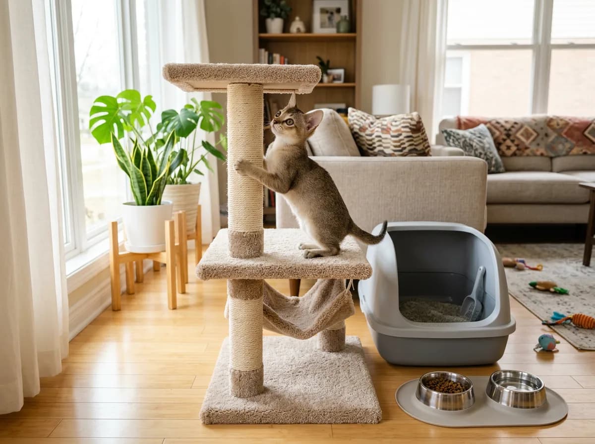 A Singapura kitten exploring a new cat tree next to a litter box and food bowls in a bright living room, representing first-year setup costs.