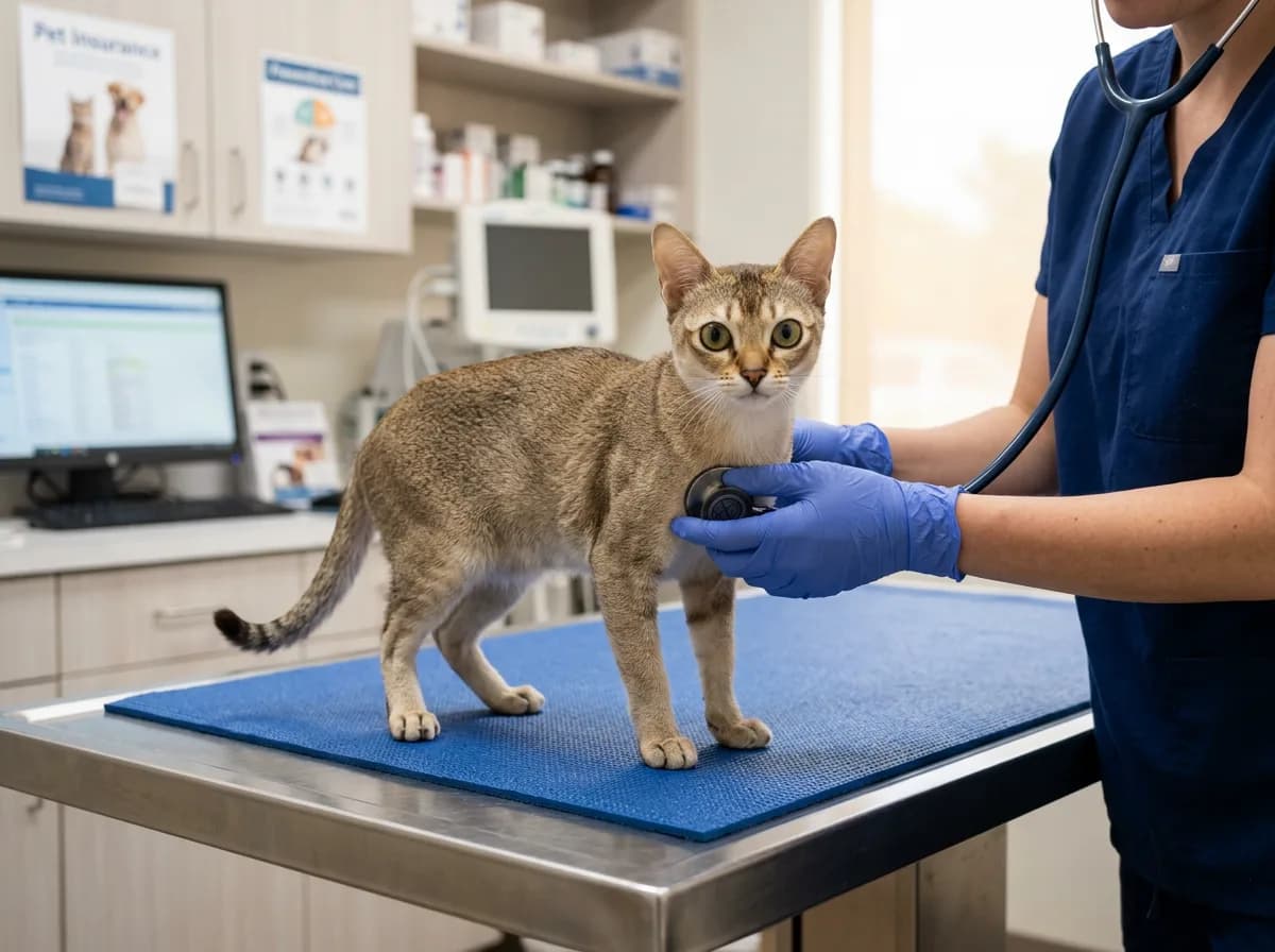 A Singapura cat being gently examined by a veterinarian on a clinic table, representing preventive vet care and insurance costs.