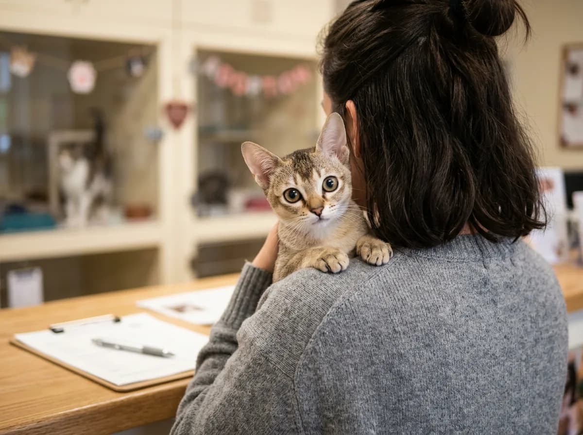 A person seen from behind holding a small Singapura cat at an adoption center, with adoption paperwork on a counter nearby.