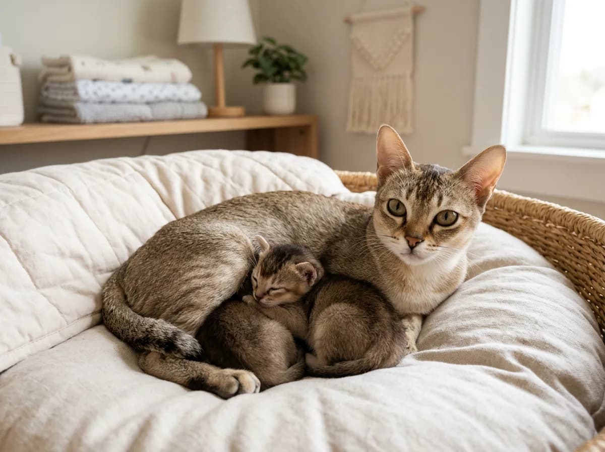 A Singapura mother cat with two kittens in a clean home setting, illustrating an ethical breeder environment.