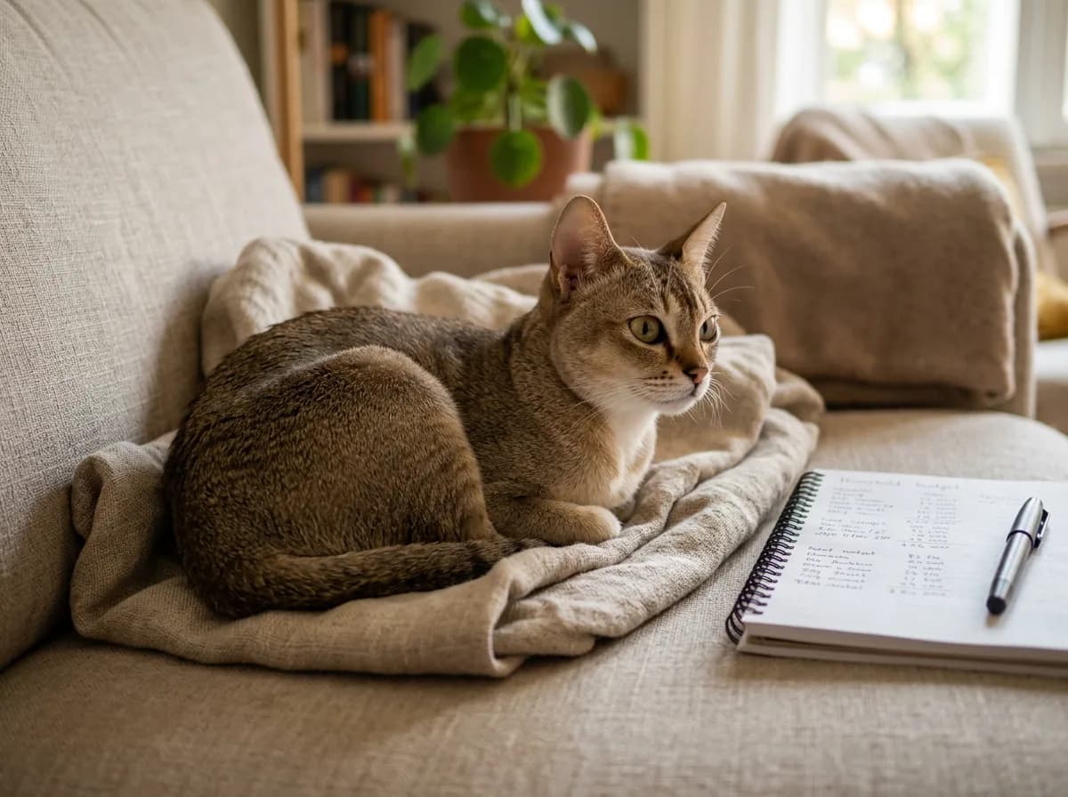 An adult Singapura curled contentedly on a sofa beside an open notebook of household budget figures, representing the long-term value question.