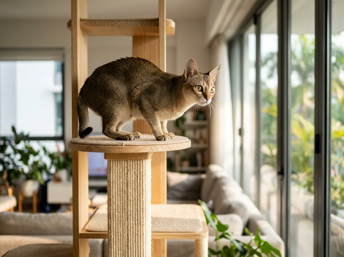 A Singapura cat perched on a tall cat tree looking alert and engaged, representing the active personality buyers pay a premium for.