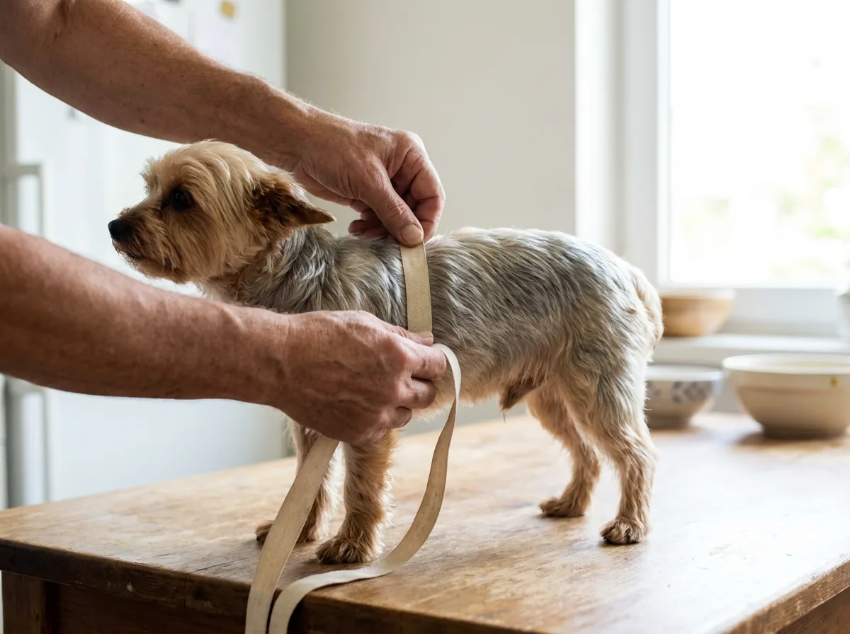 Close-up of a tape measure around a Yorkie's ribcage just behind the front legs, with neck and back-length points marked on a printed XS and S chart