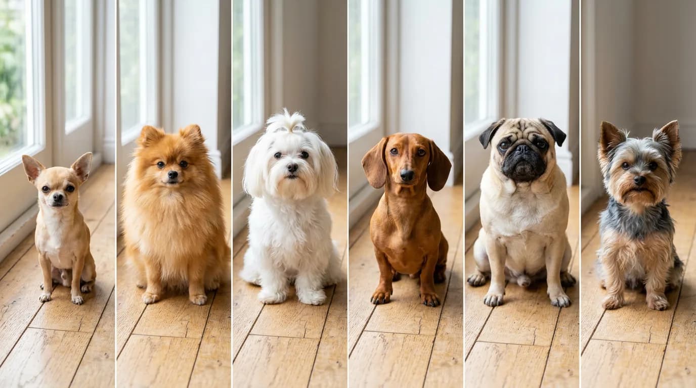 a photo grid concept of six different small dog breeds sitting side by side on a light wooden floor, a chihuahua next to a pomeranian next to a maltese nex