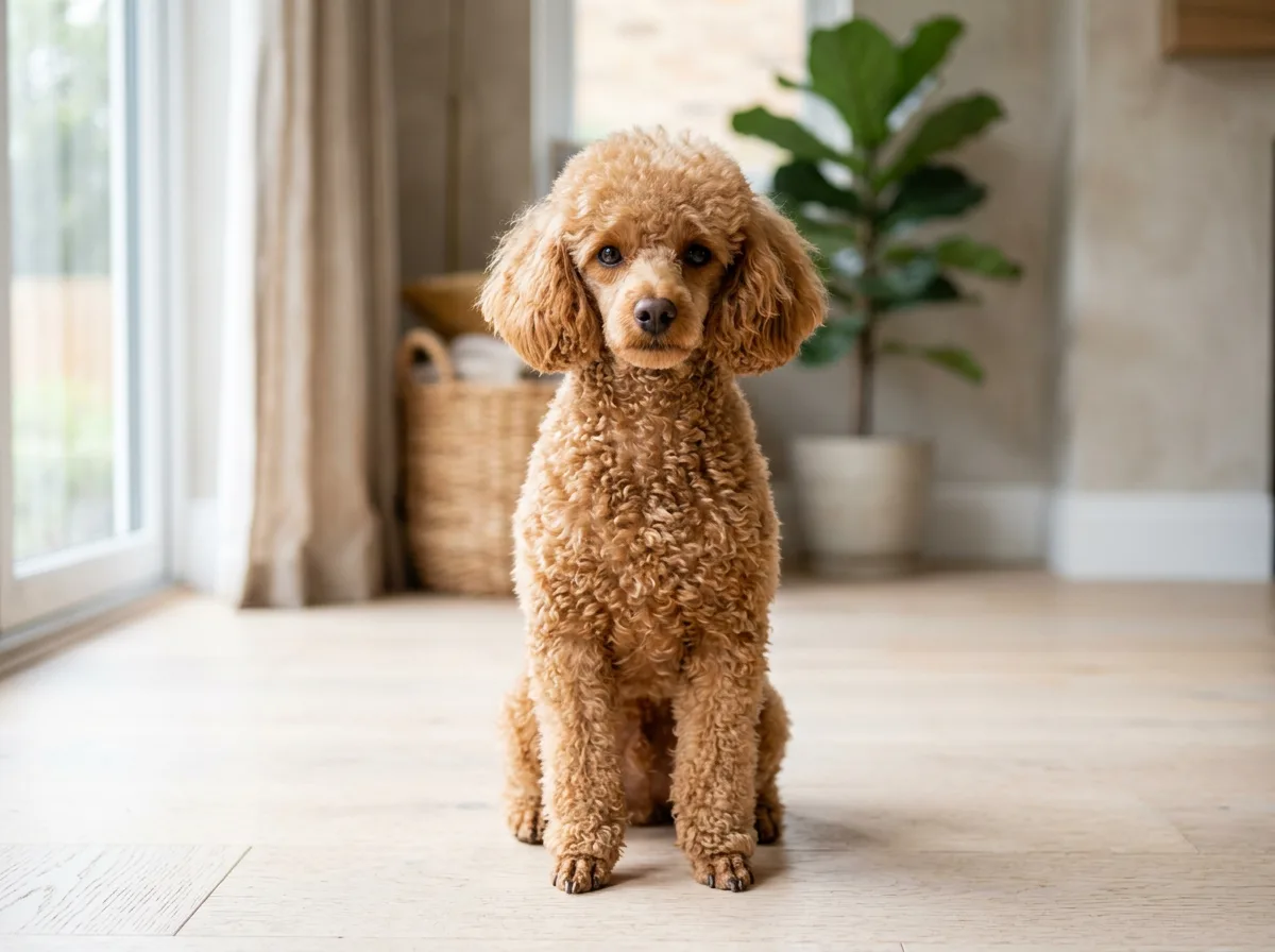 an apricot miniature poodle with a neat curly coat sitting on a light floor, intelligent alert expression, well-groomed