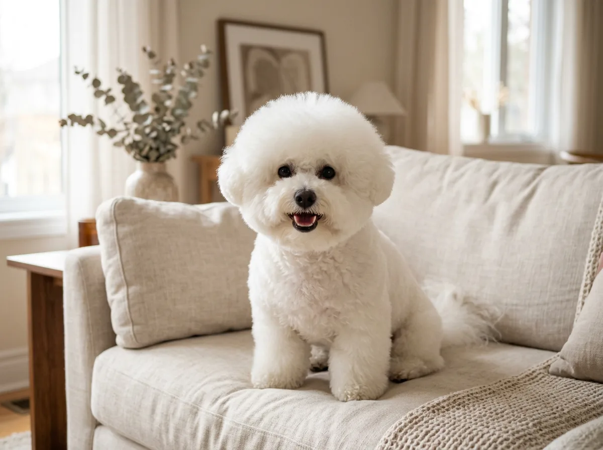 a white bichon frise with a rounded fluffy coat sitting on a pale sofa, dark round eyes, cheerful expression, soft light