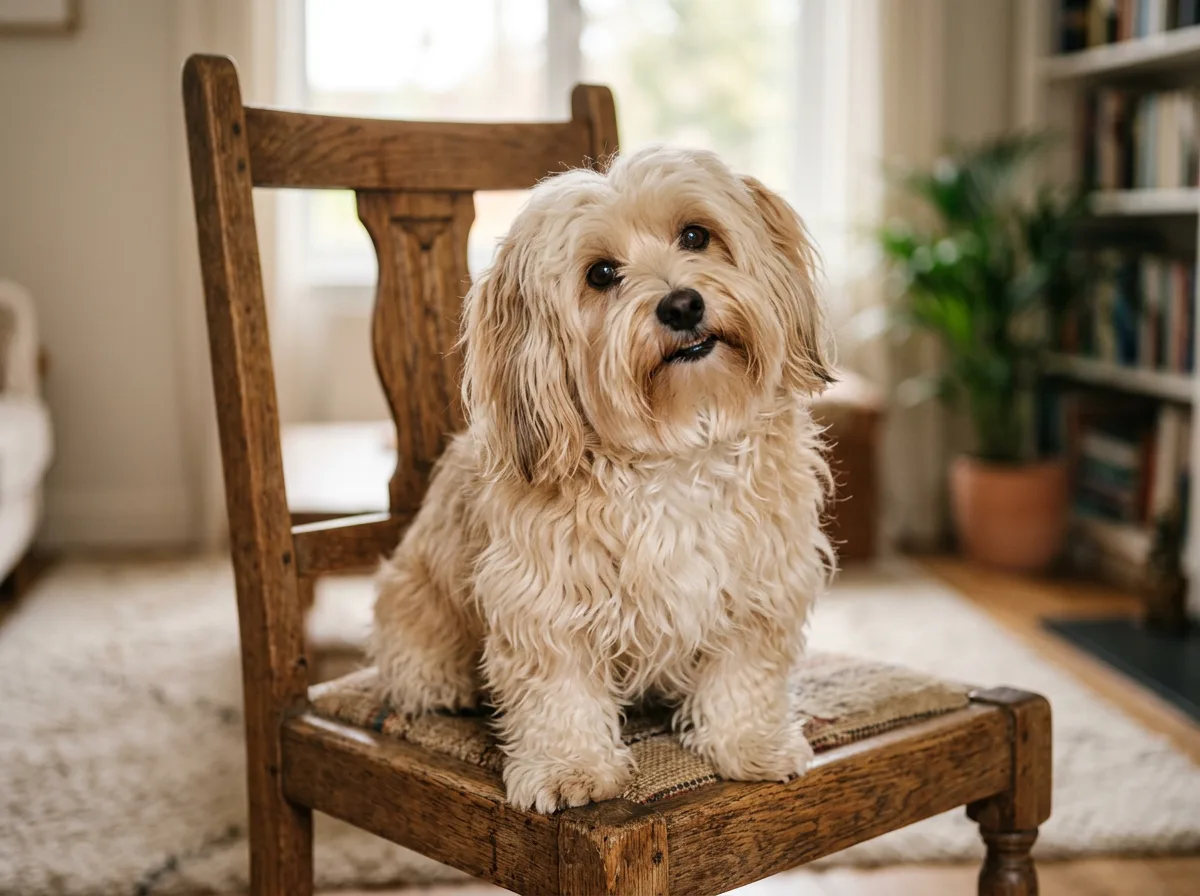 a havanese with a long wavy cream and tan coat sitting on a wooden chair, bright friendly eyes, playful posture