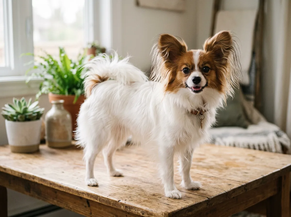 a white and sable papillon with distinctive large fringed butterfly ears standing on a table, delicate frame, lively expression