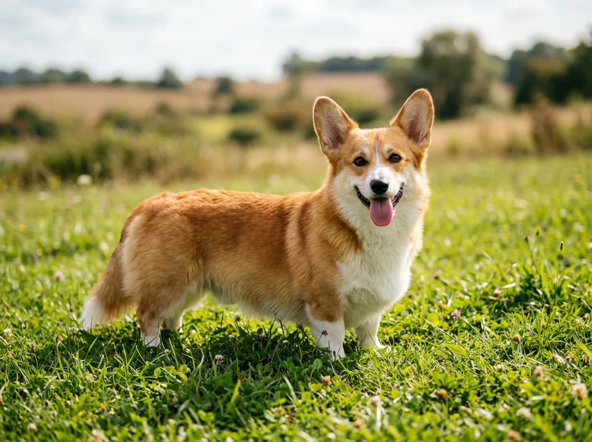 a red and white pembroke welsh corgi standing on grass, short legs and long body, upright ears, tongue out in a happy expression