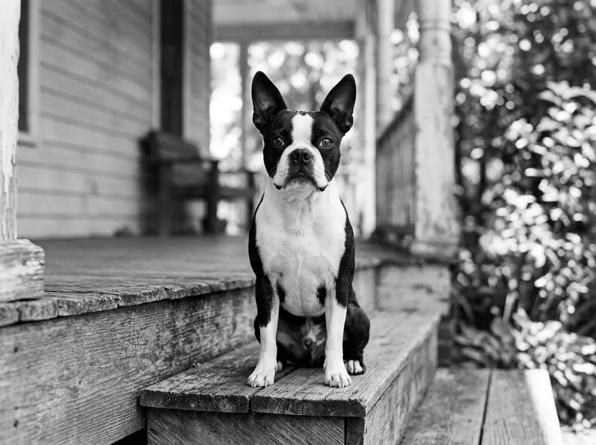 a black and white boston terrier with tuxedo markings and upright ears sitting on a porch step, bright and attentive expression