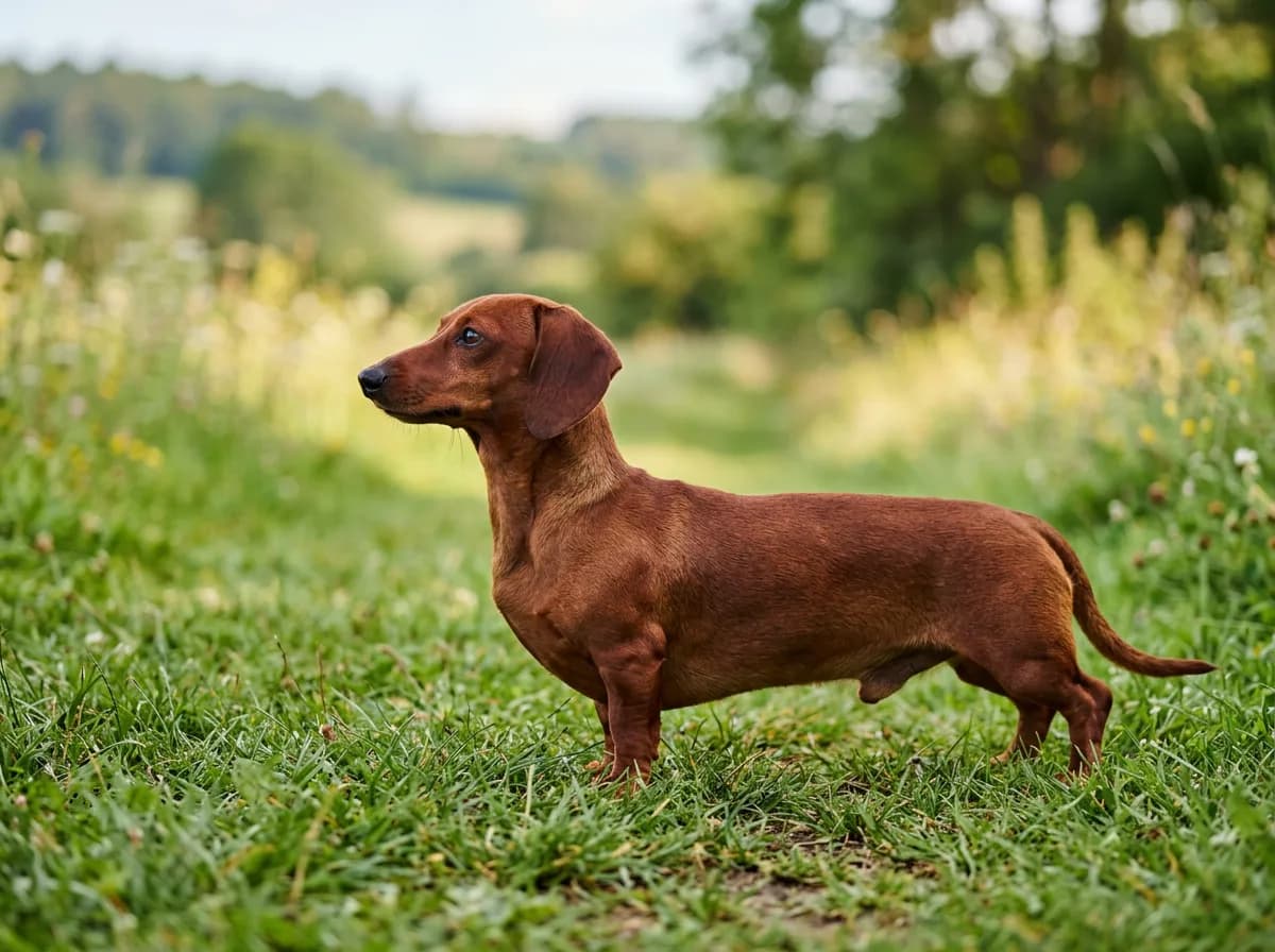 a smooth red miniature dachshund standing on grass in profile, long low body clearly visible, alert curious expression