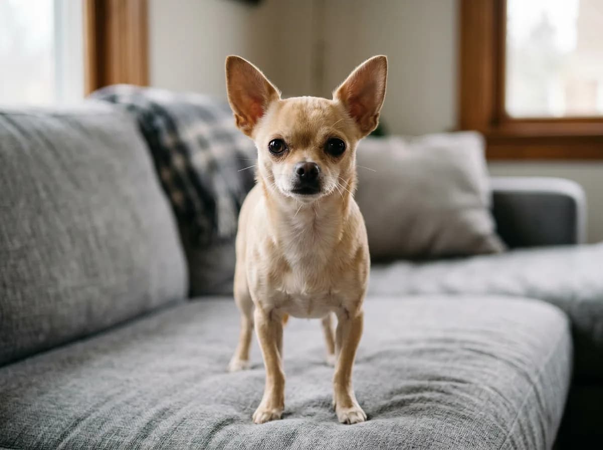 a fawn short-haired chihuahua standing alert on a gray sofa, big ears up, looking directly at the camera, soft indoor light
