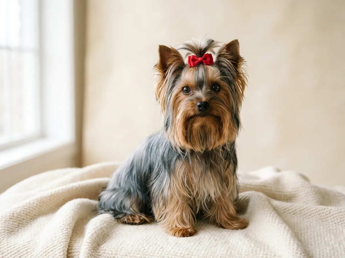 a yorkshire terrier with a silky blue and tan coat and a small red bow, sitting on a cream blanket, studio-style soft light