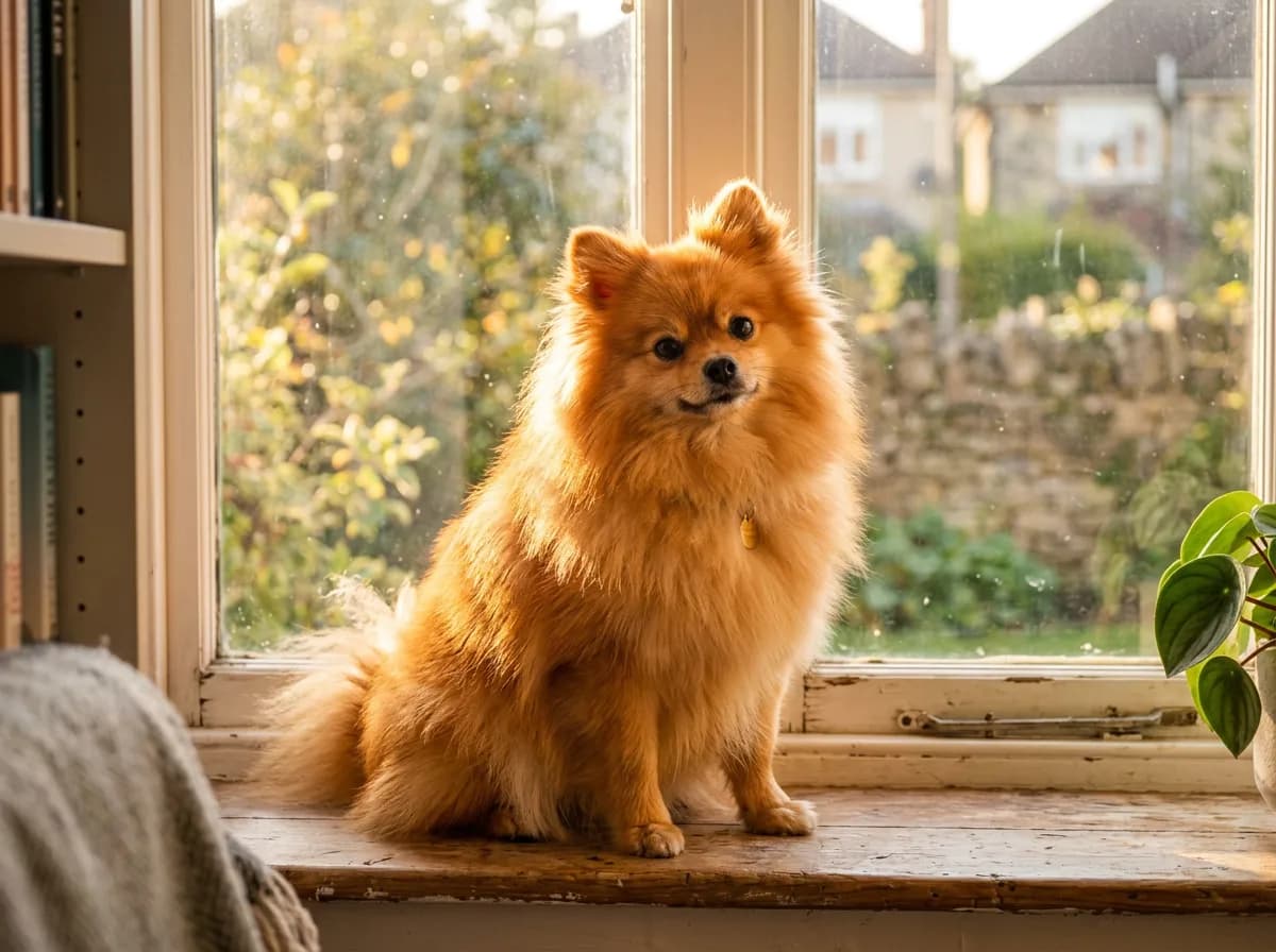 a bright orange pomeranian with a full fluffy double coat sitting on a windowsill, fur backlit by afternoon sun, alert expression