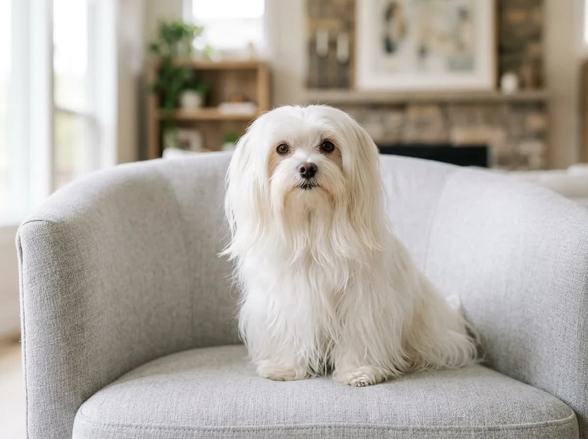 a white maltese with a long flowing silky coat sitting on a pale gray armchair, gentle expression, soft even lighting