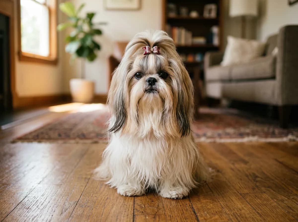 a shih tzu with a long parted coat and a top-knot sitting on a hardwood floor, calm friendly expression, warm indoor light