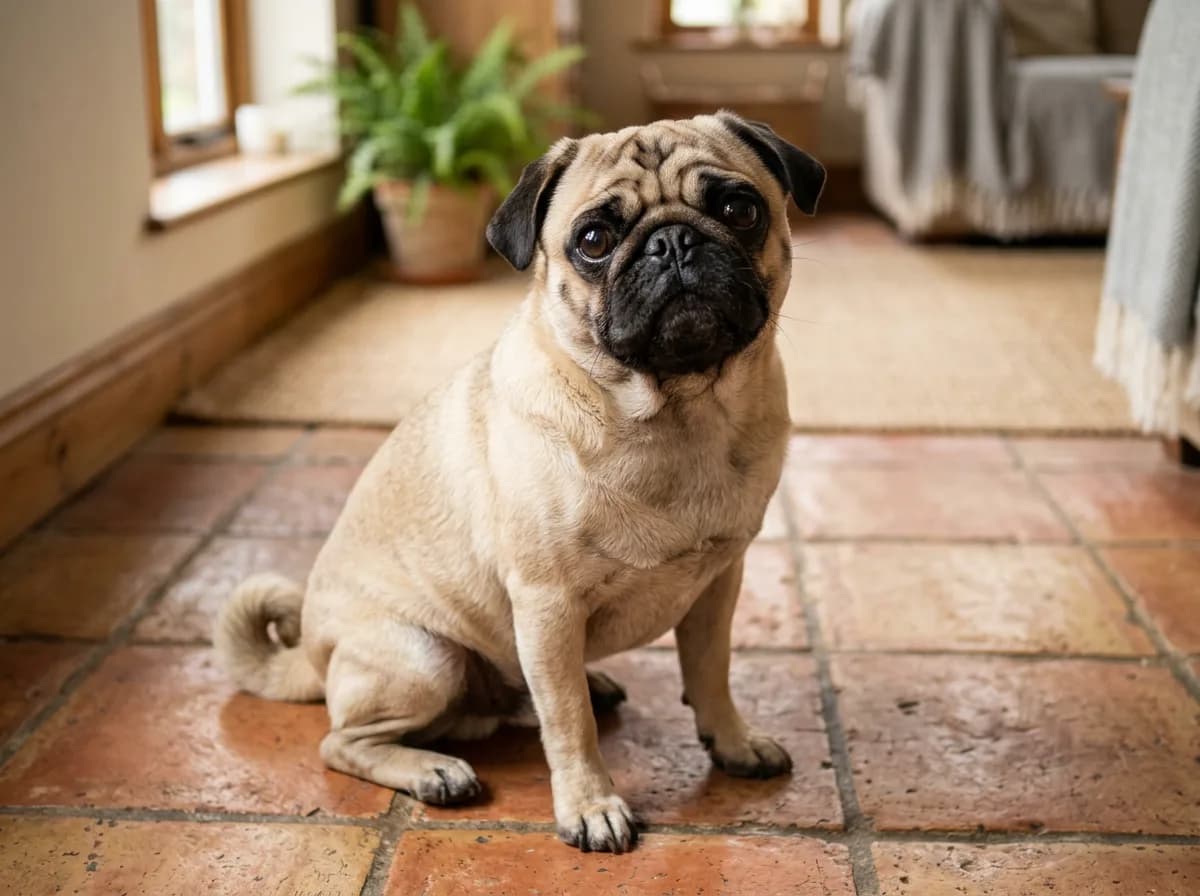 a fawn pug with a black mask and curled tail sitting on a tiled floor, wrinkled friendly face, looking slightly up at the camera