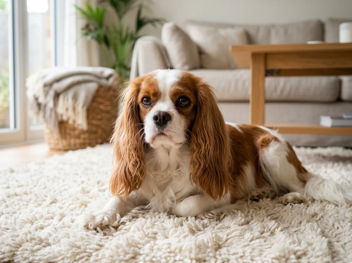 a blenheim cavalier king charles spaniel with chestnut and white markings lying on a soft rug, long feathered ears, gentle eyes
