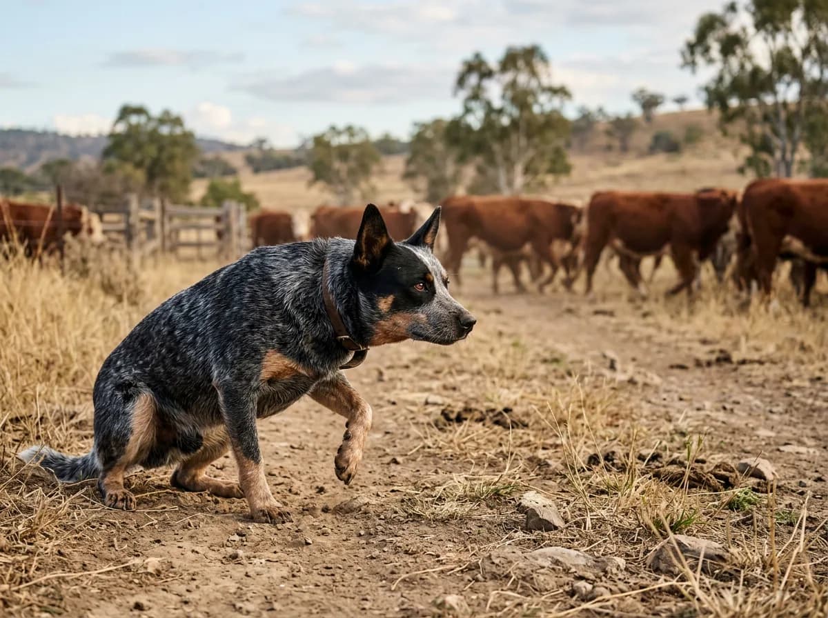 A blue-mottled Australian Cattle Dog crouched and focused in a dusty paddock, one paw lifted, watching cattle intently